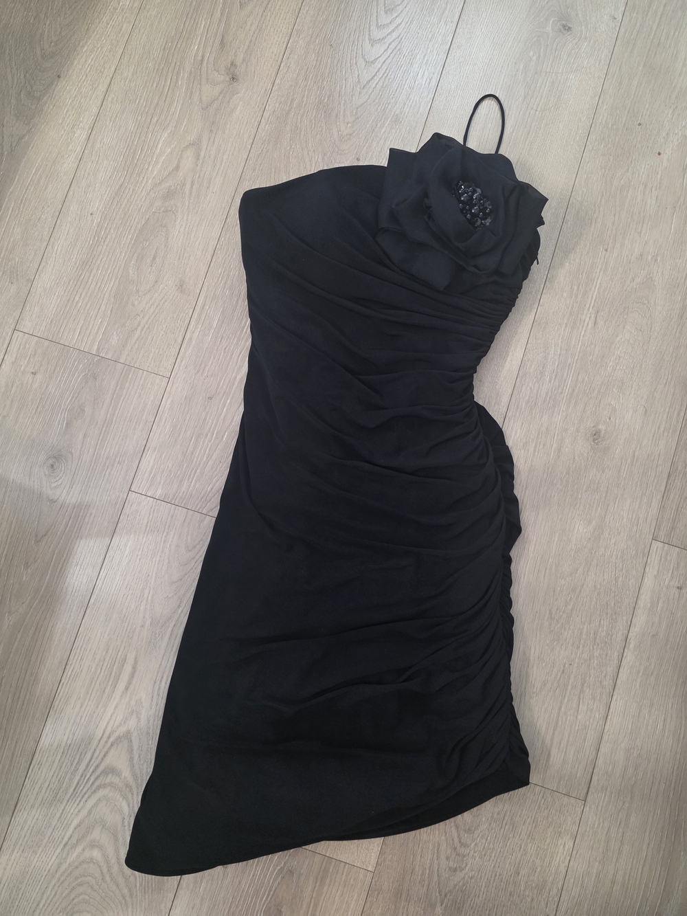 Cassandra Stone Vintage Black One-Shoulder Ruched Dress with Floral Accent
